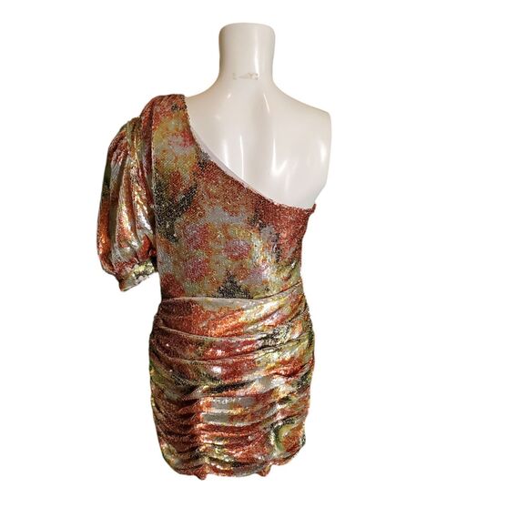 Ronny Kobo Eden Sequin Ruched One Shoulder Mini Dress Gold Multi Sz L $498 - Picture 11 of 12